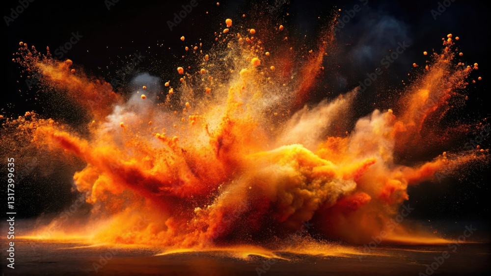Poster a vibrant explosion of orange and yellow powder against a dark background, creating a visually strik