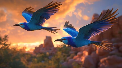 Two vibrant blue birds in flight at sunset over a rocky landscape.