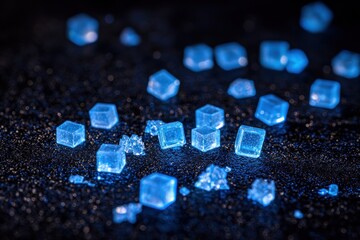 Blue glowing cubes scattered on a dark, textured surface, some fractured, reflecting light