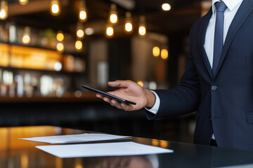 Business professional reviews documents while using smartphone in modern office