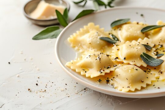 a palate filled with pasta and garnishing with greeb leaves