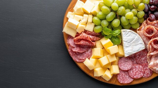 A top-down shot of a charcuterie board with cheeses, cured meats, and fresh fruits, stylish composition
