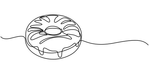 Single one line drawing fresh donuts. World food day concept. Continuous line draw design graphic vector illustration, Abstract dessert sweet donut with frosting, donut icon logo. Sweet sugar icing. 