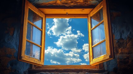 Open Window to a Blue Sky with Fluffy Clouds