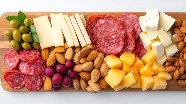 A top-down shot of a charcuterie board with meats, cheeses, nuts, and fruit, elegant presentation