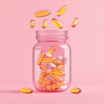 A jar of pancreatic enzyme medication displayed on a solid surface with natural lighting enhancing its realistic appearance