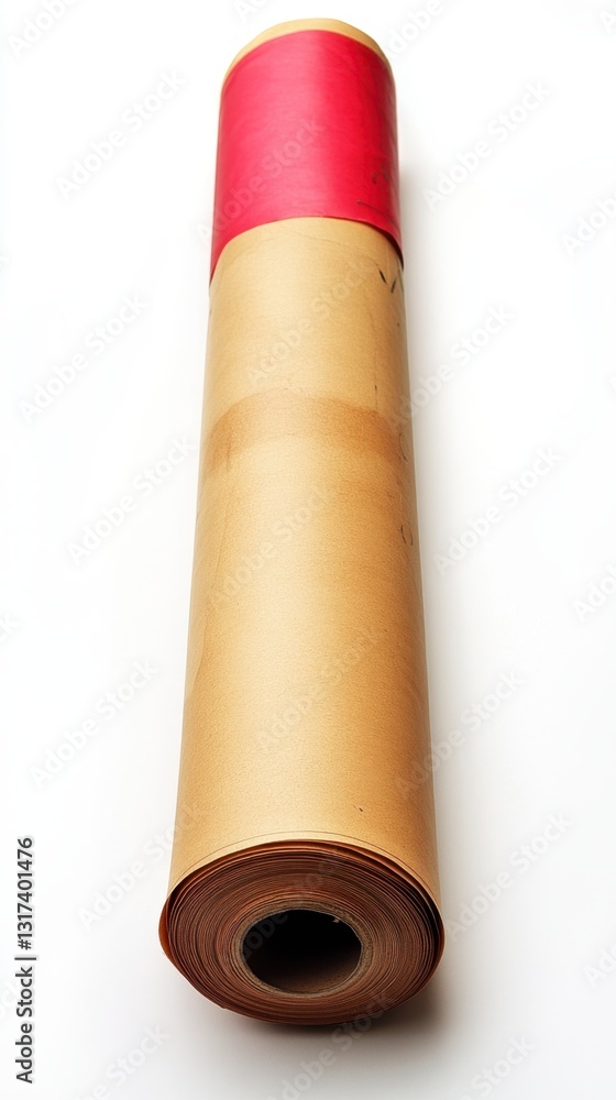 Poster close up view of a rolled up tube of tan paper with a red top, set against a stark white background.