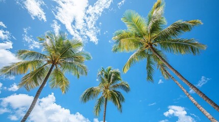 Stunning View of Tropical Palm Trees Against a Vivid Blue Sky and Fluffy Clouds: A Perfect Summer Day