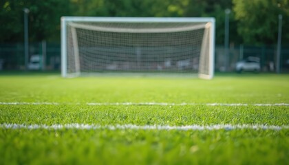Fototapeta premium Empty football goal on green grass pitch with white line marks, lawn field. Summer day anticipation of soccer competition match tournament activity, Nobody. Recreation leisure place for healthy