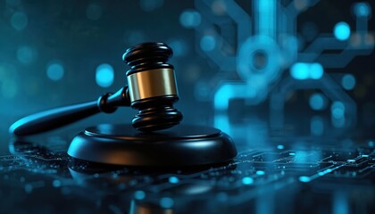 Gavel in futuristic digital jurisdiction. AI tech challenges legal compliance. Automation, artificial intelligence regulation, modern law. Innovation computerized justice enforce, oversee, monitor