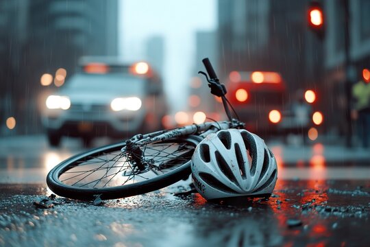 A damaged bicycle lies in a crosswalk next to a car, with a helmet resting on the wet pavement, capturing a moment filled with emotion and urgency for road safety awareness - Powered by Adobe