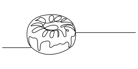 Single one line drawing fresh donuts. World food day concept. Continuous line draw design graphic vector illustration, Abstract dessert sweet donut with frosting, donut icon logo. Sweet sugar icing. 