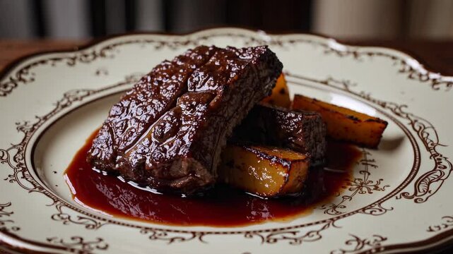 Succulent braised short ribs in rich red wine reduction sauce on elegant white plate, slow-cooked tender beef with glistening glaze, gourmet restaurant main course with savory jus
