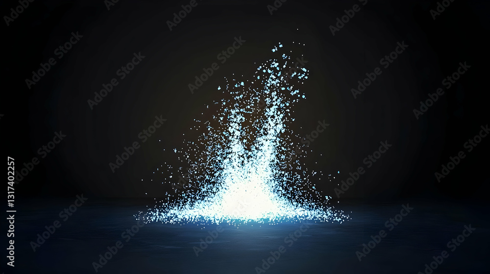 Aufkleber bright blue particles exploding from dark background with subtle glow on ground in digital art