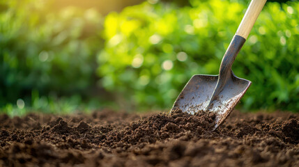 Planting trees for future generation, Close up of gardening shovel digging into rich soil in garden
