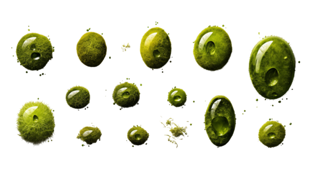 Green Moss Droplets Abstract Nature Design, Shiny Liquid Background for Digital Art, isolated on transparent background.