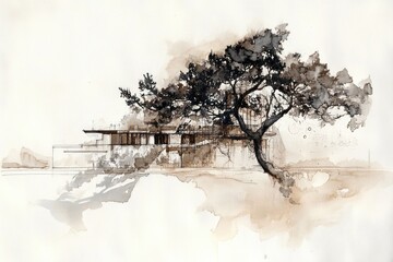 Minimalist ink and watercolor hybrid tree, delicate architectural detailing