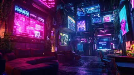 Neon Cyberpunk Apartment Futuristic Room with Pink and Blue Lighting Screens and Plants