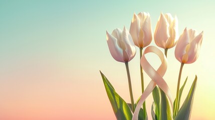 Fototapeta premium Soft pastel sunrise with three white tulips and a pale peach awareness ribbon.