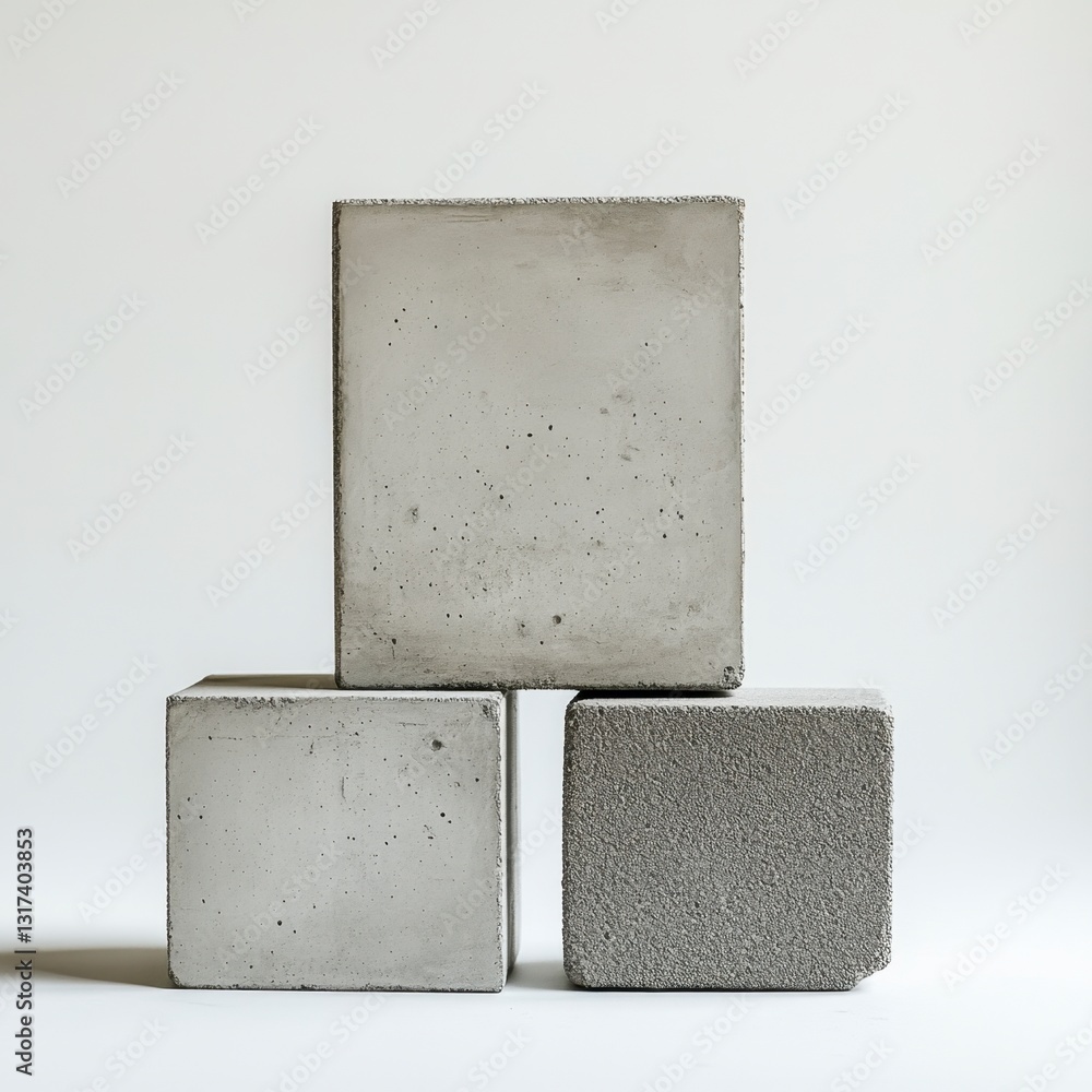 Aufkleber three gray concrete cubes of varying textures are stacked against a white background. the top cube i