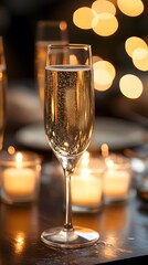 A sparkling glass of champagne against a backdrop of soft candlelight.
