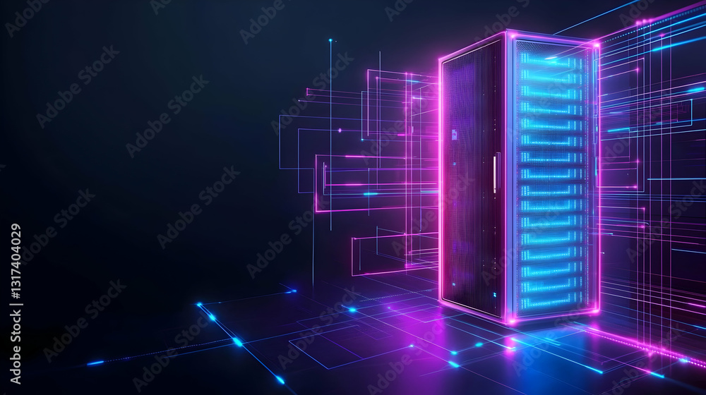 Poster futuristic data center with glowing neon purple and blue lights in a dark abstract cyberspace enviro
