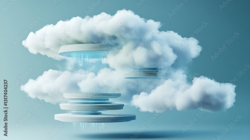Poster Artistic visualization of cloud computing showcasing layered shapes symbolic clouds digital storage and scalability