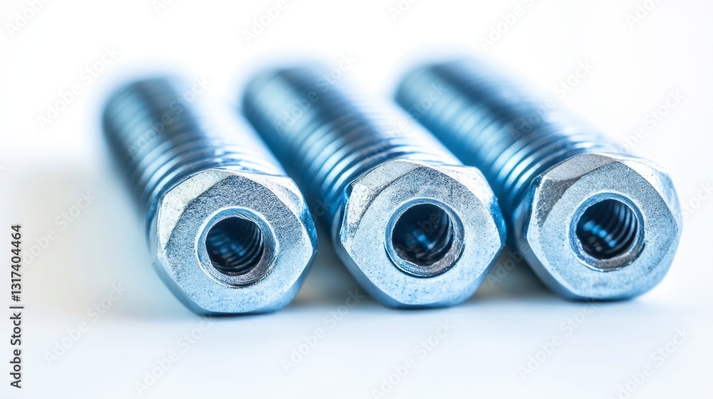 Poster close up view of three metallic screws with hexagonal heads and threaded shafts arranged in a row ag