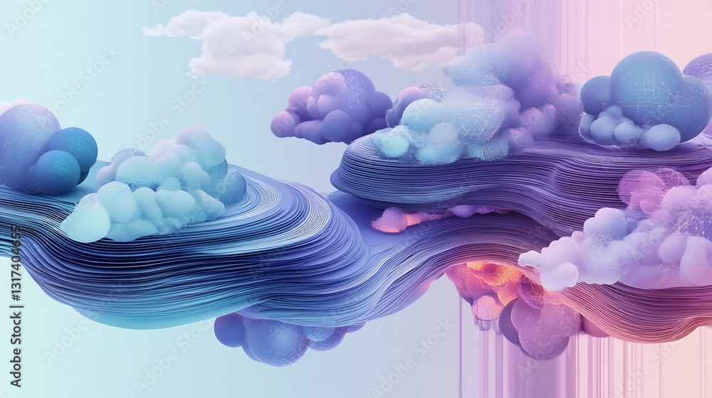 Aufkleber Artistic visualization of cloud computing showcasing layered shapes symbolic clouds digital storage and scalability
