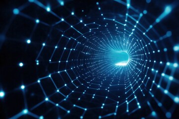 Abstract blue digital tunnel with glowing network lines.