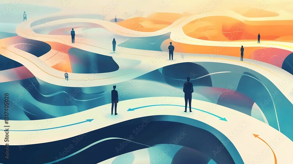 Poster Artistic visualization of customer loyalty showcasing symbolic pathway abstract shapes representing longterm engagement