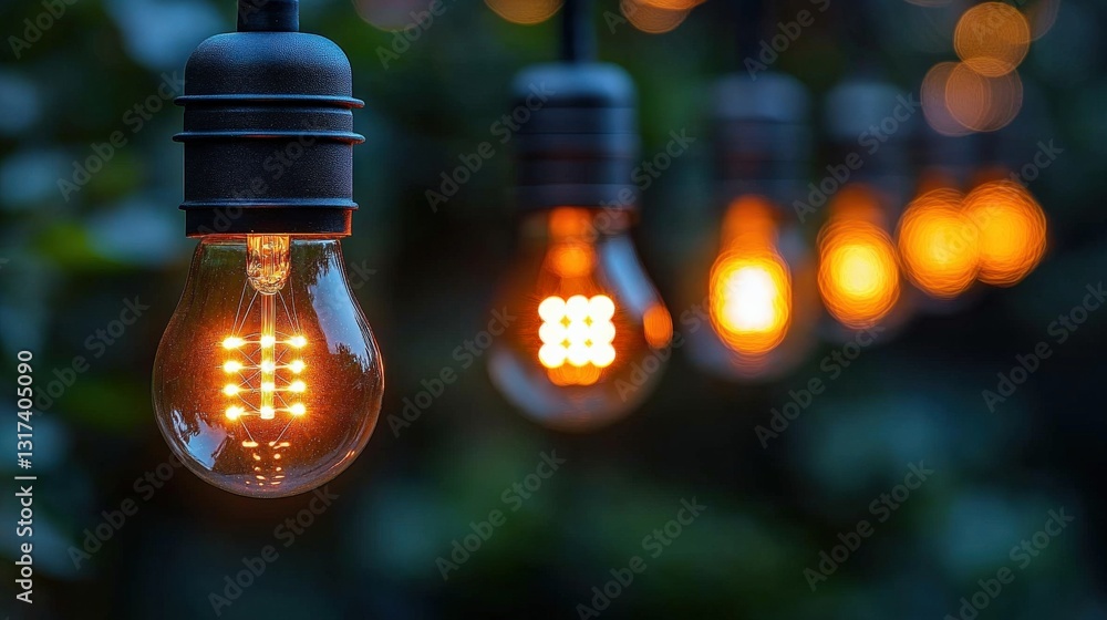 Poster vibrant string lights illuminating a garden setting during twilight, creating a cozy atmosphere