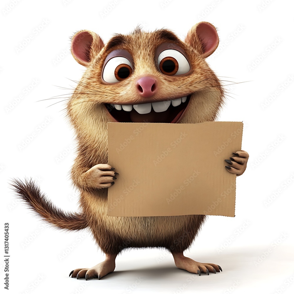 Poster smiling rodent with card: a cheerful rodent character holding a blank card, ideal for conveying mess