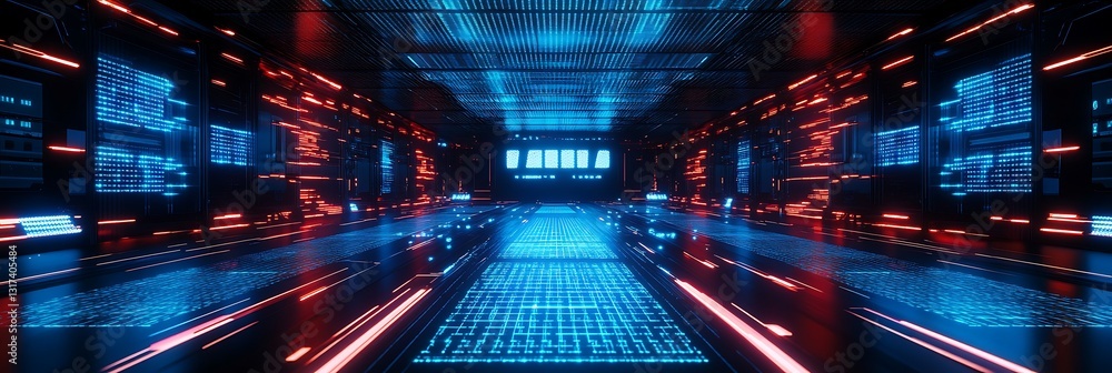 Poster cybernetic corridor: a futuristic corridor with a vibrant interplay of red and blue neon lights and 