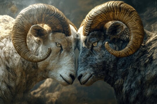 A pair of rams standing side by side
