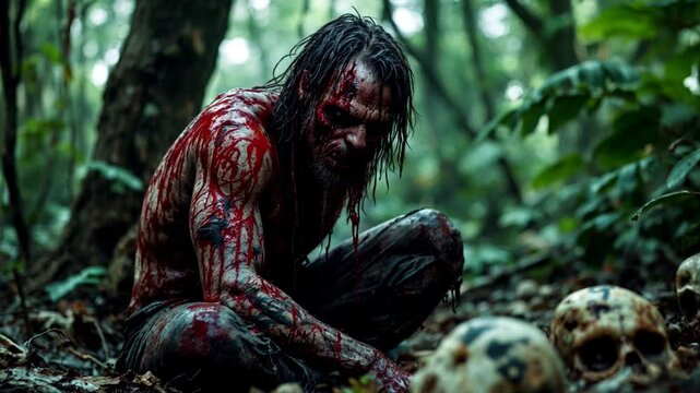 Creepy character on the dark. Culture and religion of the peoples of the world. Spooky video clip with apocalyptic atmosphere.