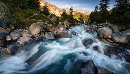 Fototapeta premium Un arroyo de montaña en constante movimiento exuda una energía vibrante a medida que el agua se precipita sobre las rocas, 4k