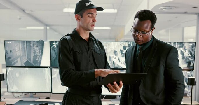 Business people, handshake and security guard with men, conversation and hello with greeting. Employees, law and worker in office, technology and digital app for safety report, internet or discussion