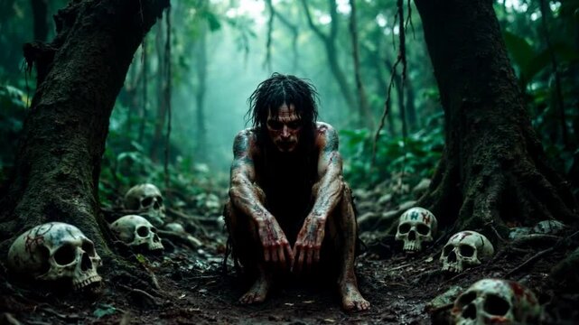 Creepy character on the dark. Culture and religion of the peoples of the world. Spooky video clip with apocalyptic atmosphere.