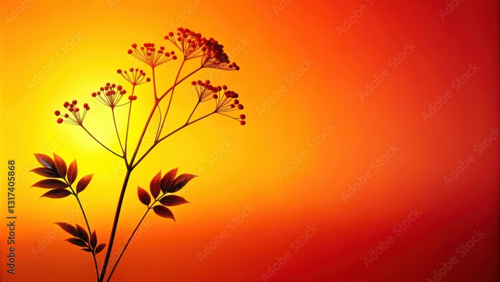 Aufkleber Silhouette of a delicate branch with red berries against a vibrant orange and red sunset gradient background