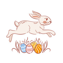 A whimsical Easter bunny leaps over a hill of colorful Easter eggs in a playful sketch style. The scene captures the joy and spirit of Easter, filled with bright hues and cheerful designs.