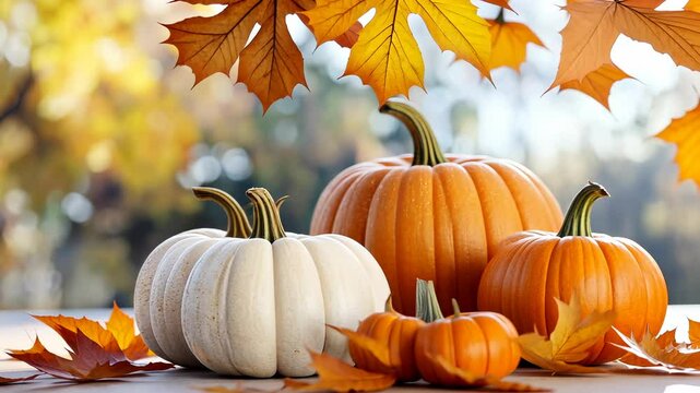 White pumpkins and dry maple leaves creating an autumn flat lay thanksgiving composition on white background with copy space video 4k