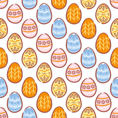 A seamless pattern of Easter eggs. Each egg features unique hand-drawn designs, showcasing a variety of colors and patterns. Perfect for adding a playful touch to spring-themed projects.