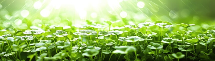 Lush green sprouts in sunlight, nature background, spring growth, eco