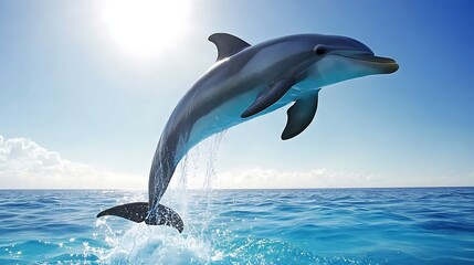Dolphin Leap of Joy: A playful dolphin leaps high out of the turquoise ocean water, showcasing its sleek, streamlined body against a vibrant blue sky.  The sun glistens on its wet skin.