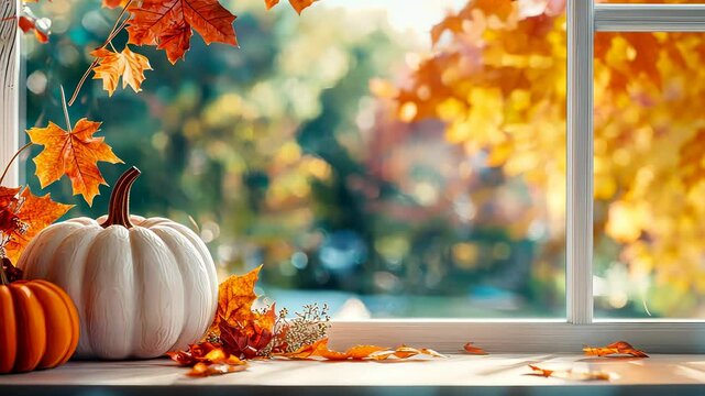 Sunlit windowsill displaying white and orange pumpkins nestled among autumn leaves, capturing seasonal harvest warmth thanksgiving video 4k