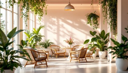 Bright and airy indoor garden space with stylish rattan furniture and lush greenery.
