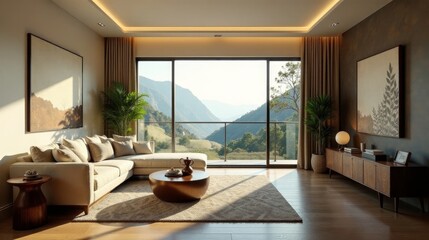 Serene Mountain View Living Room Design with Modern Sectional Sofa and Wooden Coffee Table
