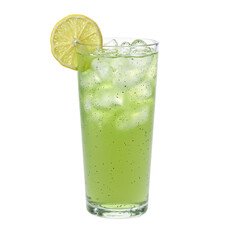 Refreshing iced green tea in a clear glass with a lemon slice on a white backdrop highlighting its coolness and vibrant hue