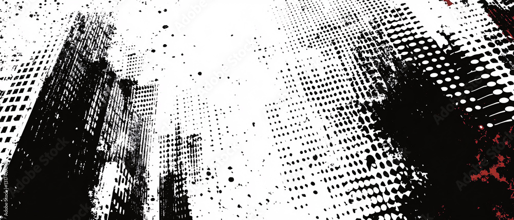Poster a distorted abstract cityscape of towering skyscrapers in a high-contrast black and white digital ar